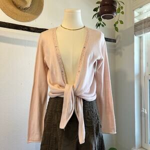 Y2K Pale Pink Soft Acrylic Wrap Beaded Long Sleeve Cropped Blouse Size Medium